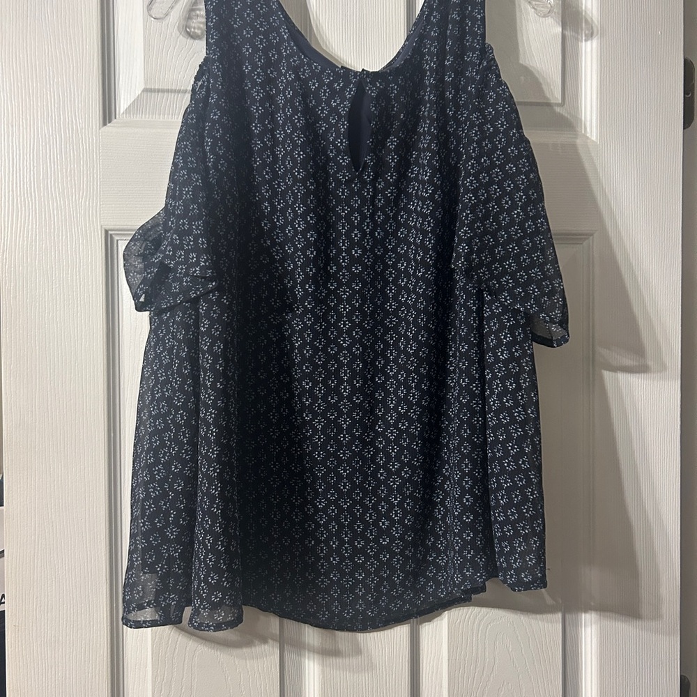 Lane Bryant Navy Blue Cold-Shoulder Printed Top
